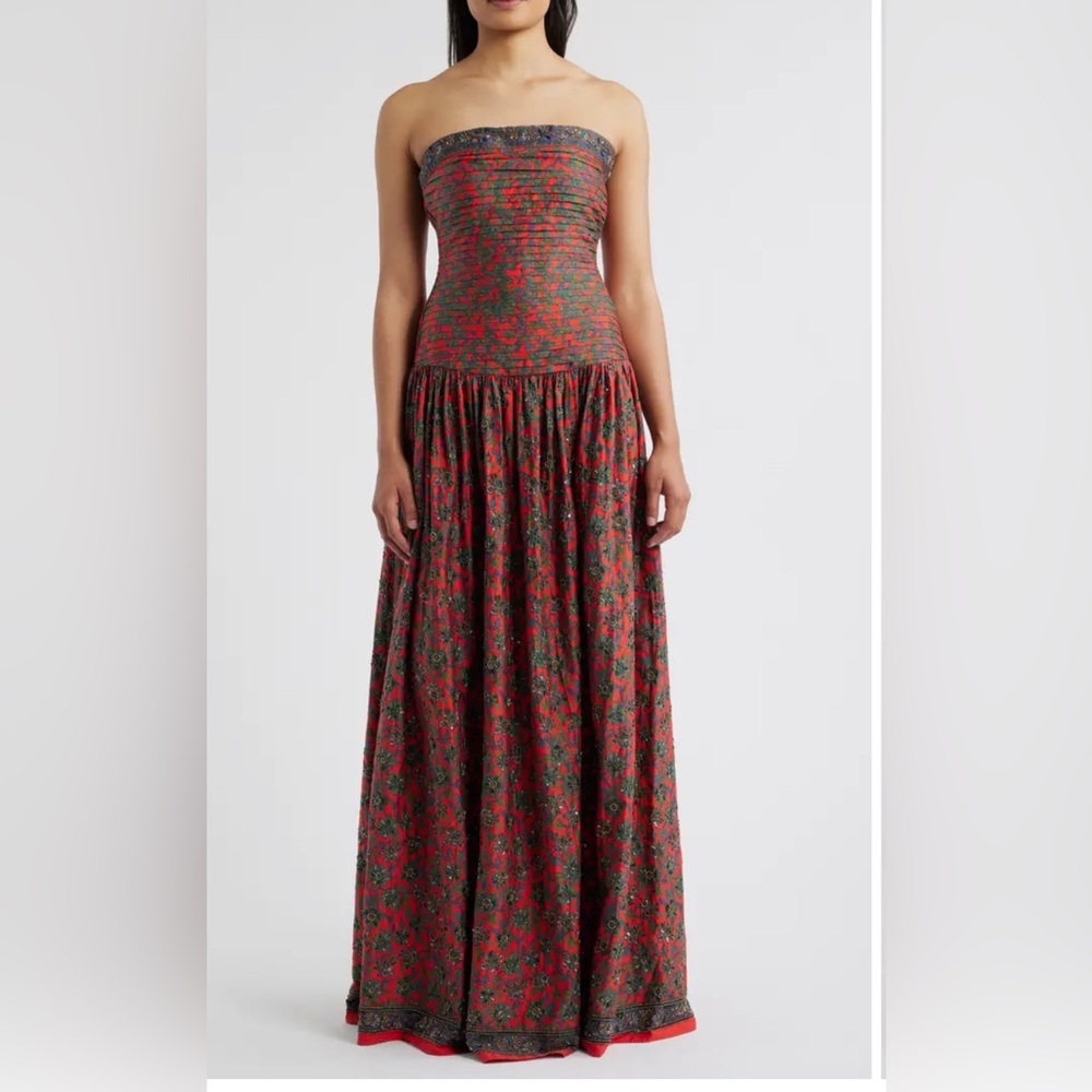 Strapless Red Floral Maxi Dress